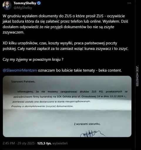 Dokumenty ZUS niezszyte zszywaczem