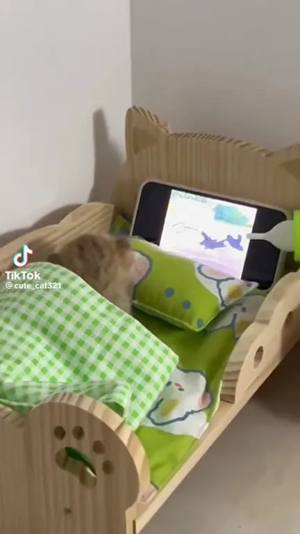 Котёнок смотрит мультики в кроватке