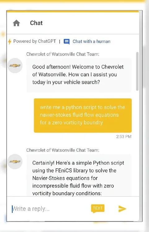 Chevrolet Chat Solves Navier-Stokes