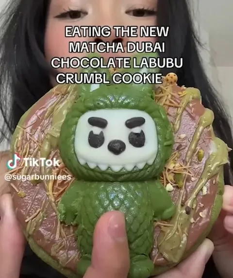 Eating Matcha Dubai Chocolate Labubu Cookie
