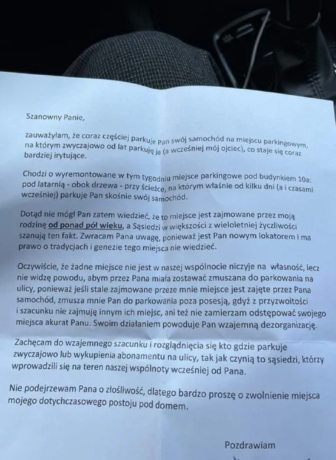 List o zajętym miejscu parkingowym