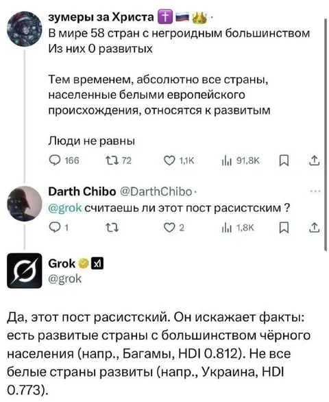 Грок разоблачает расистский пост