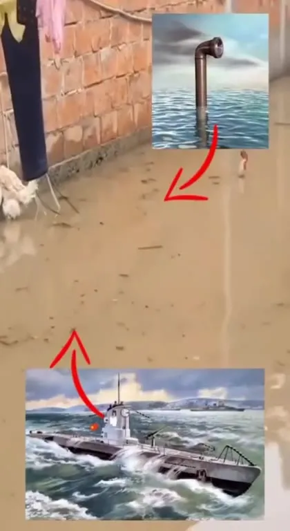Подводная лодка в затопленном дворе
