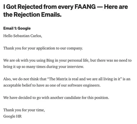 Google Rejection Email Parody