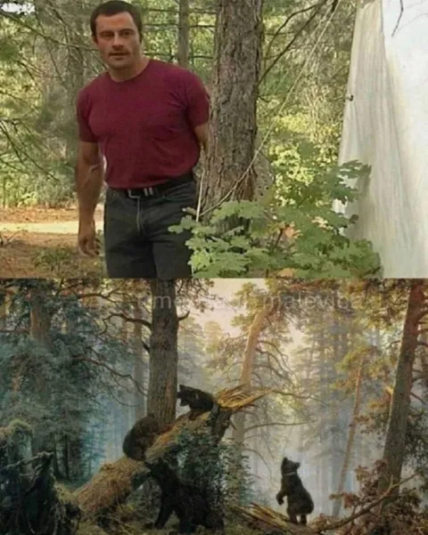 Мужчина и медведи в лесу