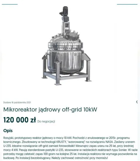 Mikroreaktor jądrowy z ogłoszenia
