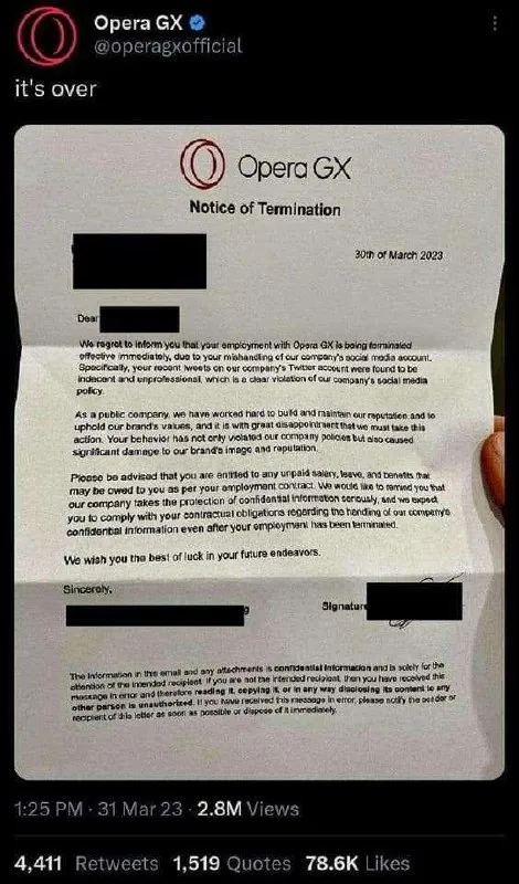 Opera GX Employee Termination Letter