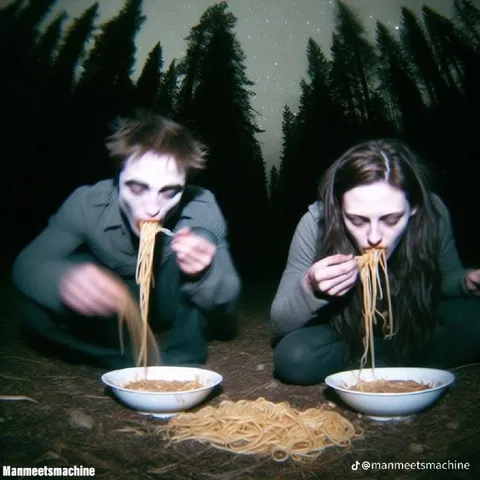 Люди едят лапшу в лесу