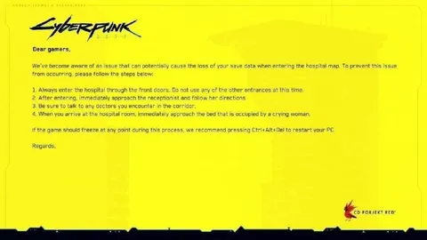 Cyberpunk Hospital Save Bug Warning