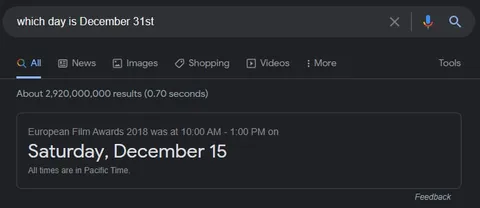 Google Says December 31st Is Saturday December 15