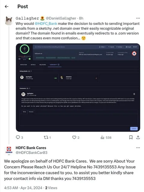 HDFC Bank Replies With Phone Number