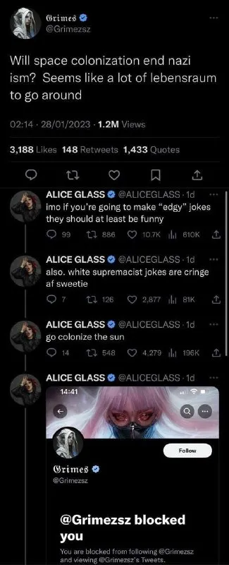 Grimes Gets Blocked Over Nazi Joke
