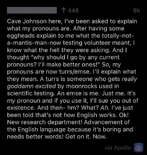 Cave Johnson Invents New Pronouns