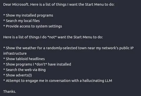Dear Microsoft Start Menu List
