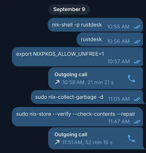 Nix Shell Seven-Message Tragedy