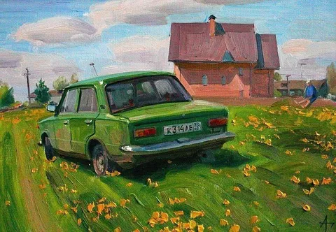 Зелёная машина у дома