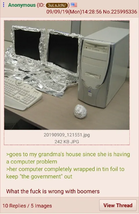 Boomer wraps computer in foil