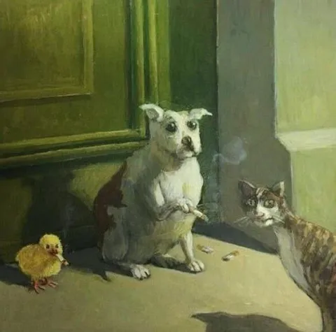 Пёс, кот и цыплёнок за столом