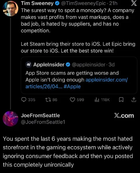 Tim Sweeney Calls Out Monopolies