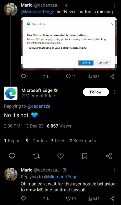 Microsoft Edge Missing Never Button
