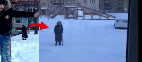 Бабушка в снежном дворе