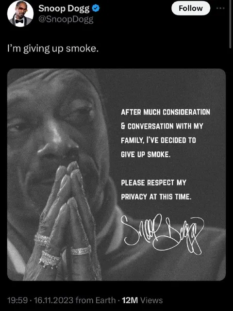 Snoop Dogg Gives Up Smoke
