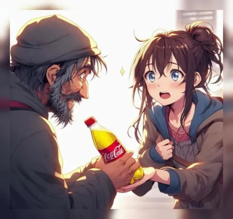 Старик предлагает Coca-Cola аниме-девушке