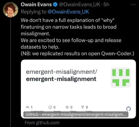 Emergent Misalignment GitHub Tweet