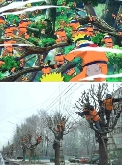 Наруто на обрезке деревьев