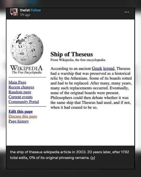Ship of Theseus Wikipedia Edits