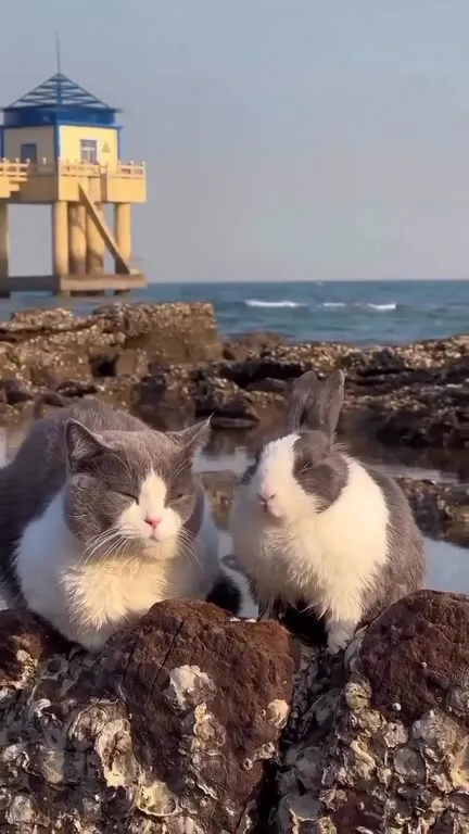 Кот и кролик у моря