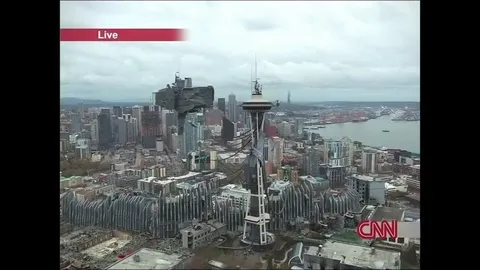 Вертолёт у башни Space Needle