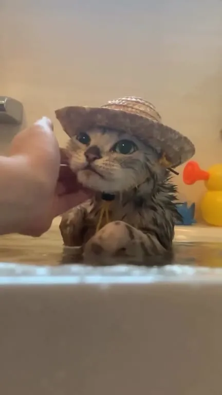 Кот принимает ванну в шляпе