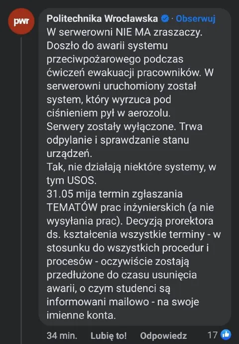 Awaria systemu przeciwpożarowego