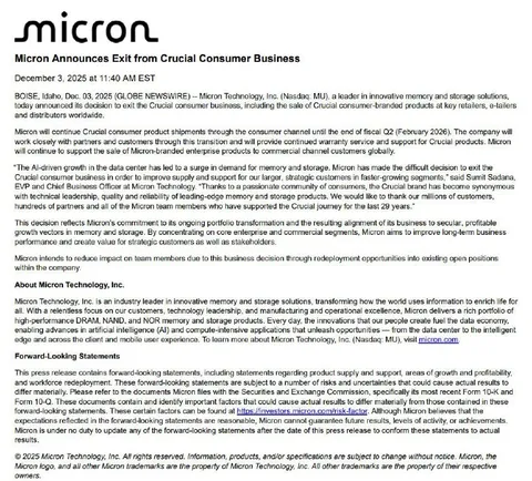 Micron Exits Crucial Consumer Business
