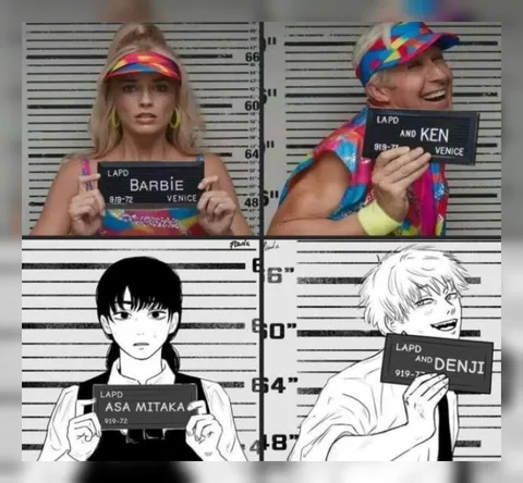 Barbie and Ken Mugshots Meet Chainsaw Man