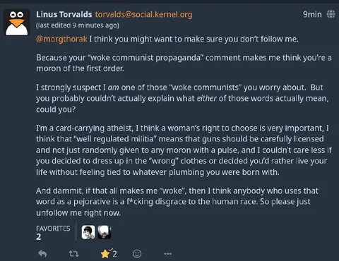 Linus Torvalds Calls Out Woke Critics