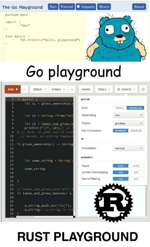 Go Playground vs Rust Playground