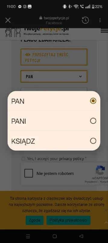 Wybór płci: pan, pani czy ksiądz