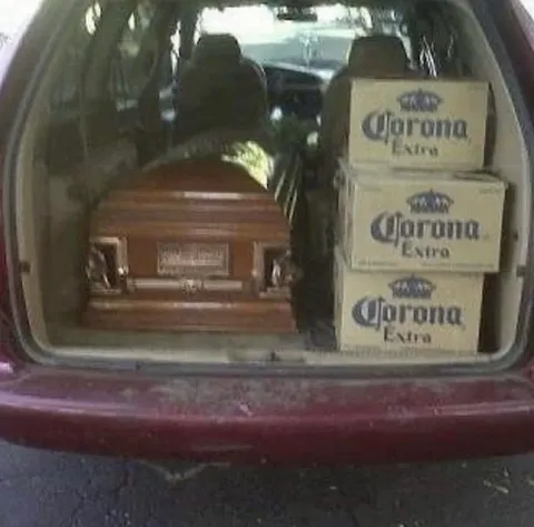 Corona beer funeral in a car