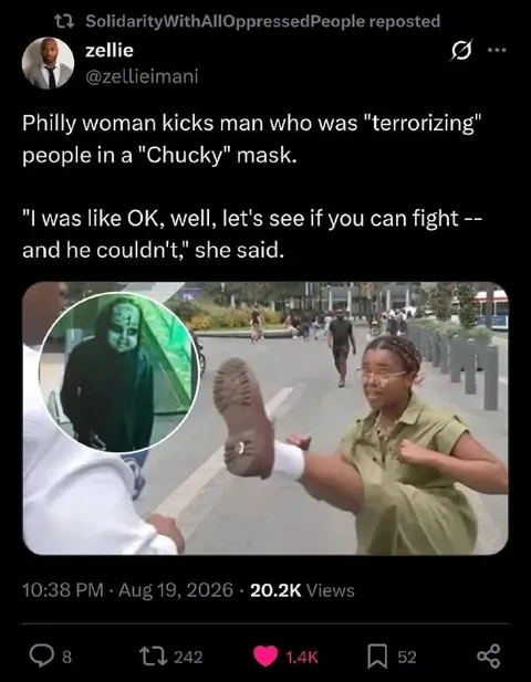 Woman Kicks Chucky Mask Man
