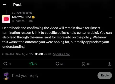 YouTube Policy Response Template