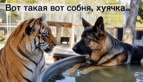 Тигр и собака у бассейна