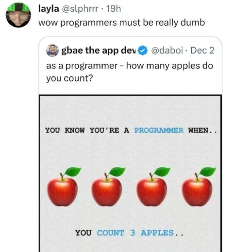 Programmer Counts Three Apples