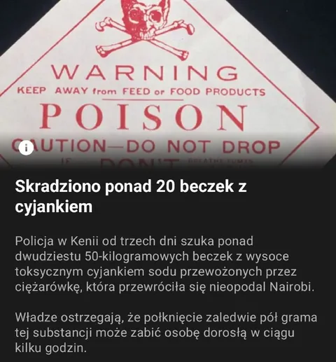 Skradziono beczki z cyjankiem