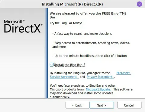 Microsoft DirectX Installs Bing