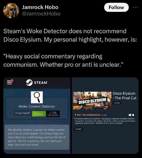 Steam Woke Detector Recommends Disco Elysium