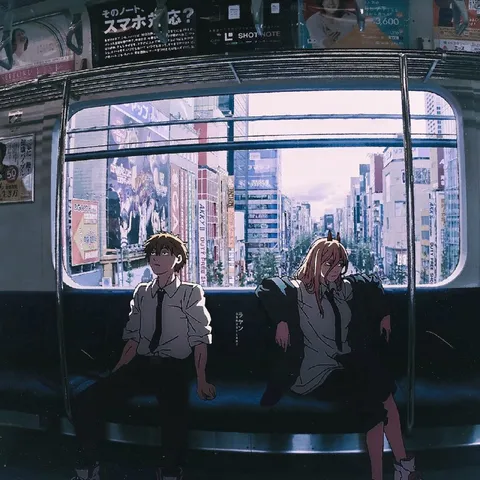 電車で並んで座るデンジとパワー