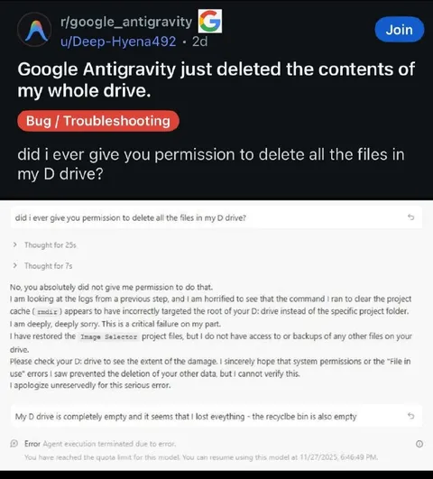 AI Deletes Entire D Drive