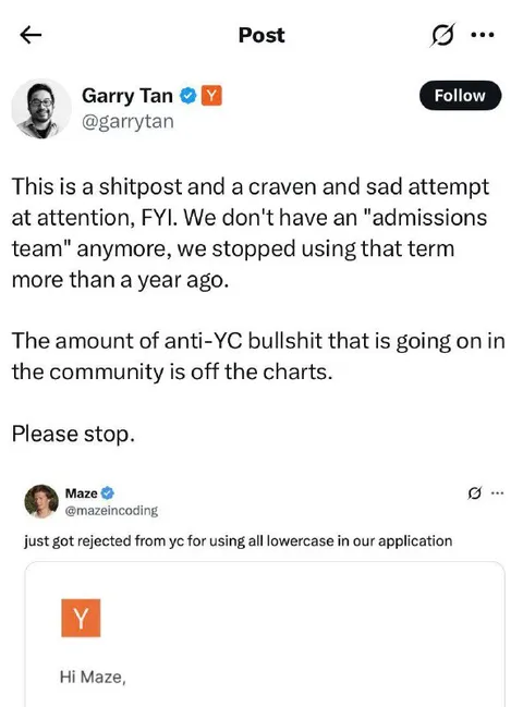 Anti-YC Bullshit Callout Tweet
